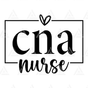 Puede incluir: Diseño gráfico en blanco y negro con las letras "cna" dentro de un cuadrado negro, con un corazón arriba y la palabra "nurse" debajo. El diseño está sobre un fondo blanco.