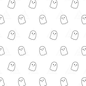Può includere: Uno schema senza cuciture che presenta un design ripetitivo di fantasmi bianchi con contorni neri e facce sorridenti. I fantasmi sono disposti in uno schema a griglia su uno sfondo bianco.