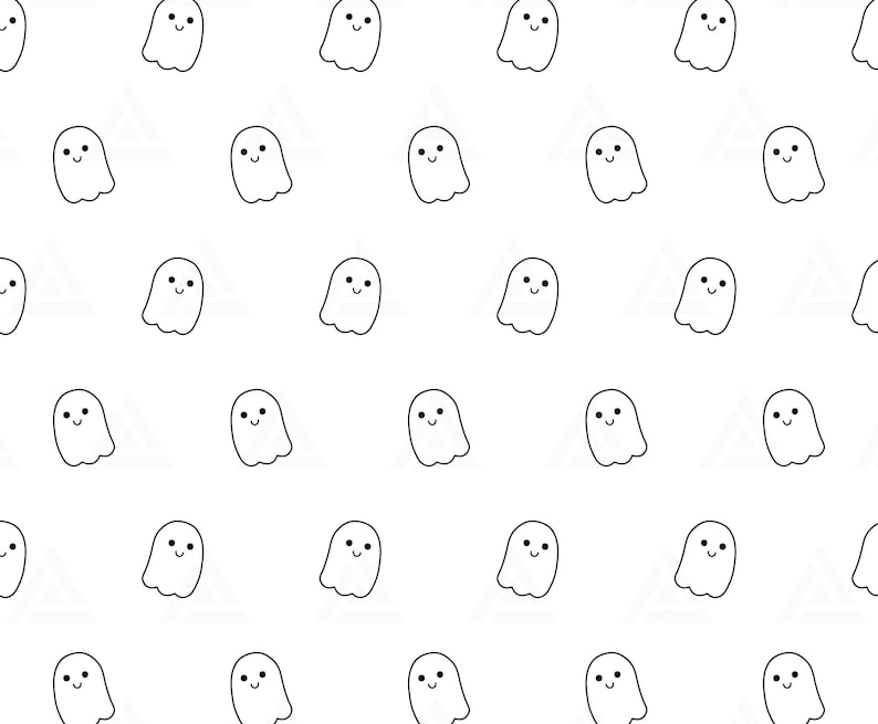 K&ouml;nnte beinhalten: Ein nahtloses Muster mit einem sich wiederholenden Design aus wei&szlig;en Geistern mit schwarzen Umrissen und l&auml;chelnden Gesichtern. Die Geister sind in einem Rastermuster auf wei&szlig;em Hintergrund angeordnet.