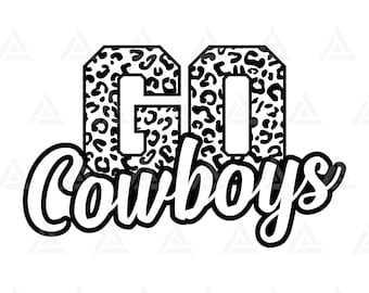 May include: Black and white graphic design with the text "GO" in a leopard print font and the word "Cowboys" in a bold, cursive font.