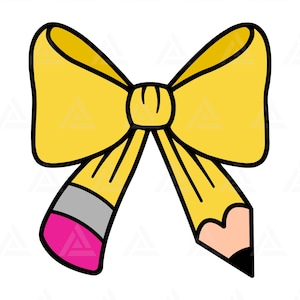 May include: A yellow bow illustration with black outlines. The bow is designed to look like a pencil, with a pink eraser, gray band, and a black pencil tip. The design is on a white background.