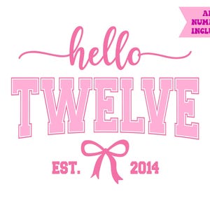 May include: Pink graphic design with the words "hello TWELVE" in a bold, collegiate-style font. A pink bow and the text "EST. 2014" are below the word "TWELVE". A banner in the upper right corner reads "ALL NUMBERS INCLUDED".