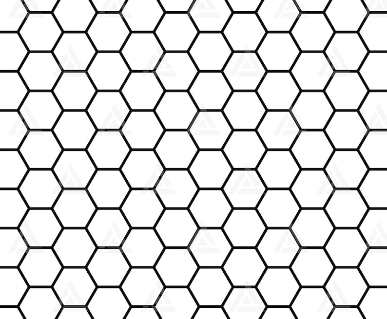 May include: A black and white geometric pattern of repeating hexagons.