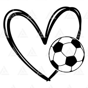 May include: A black and white illustration of a soccer ball inside a heart shape.