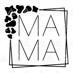 Puede incluir: Diseño gráfico en blanco y negro con la palabra "MAMA" en una fuente en negrita sans-serif. La palabra está enmarcada por un cuadrado negro con un patrón de estampado animal en blanco y negro en la esquina superior izquierda.