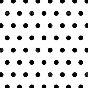 May include: A seamless pattern of black polka dots on a white background.