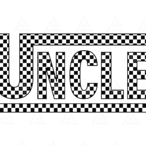 Puede incluir: Diseño a cuadros en blanco y negro que deletrea la palabra "UNCLE".