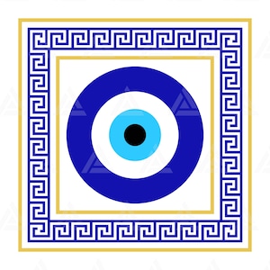 May include: A square design featuring a blue and white eye symbol, framed by a gold border and a blue Greek key pattern. The eye has a black pupil, a light blue iris, and a white outer ring, set against a white background.