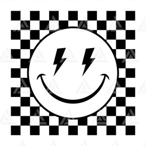 Cara feliz a cuadros Svg, Lightning Bolt Eyes Svg, Retro Happy Face PNG, Good Vibes Only. Cortar Archivo Cricut, Silueta, Png Pdf, Vector.