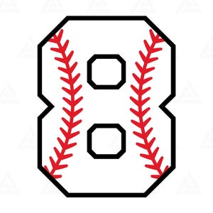 May include: A white number eight baseball design with a black outline. The number has two black octagonal shapes and red stitching details, resembling a baseball. The design is suitable for sports-themed products.