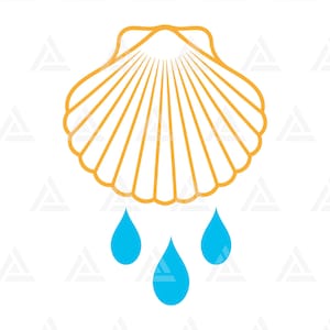 May include: An illustration of a stylized seashell in orange with three blue water droplets falling below. The seashell has a detailed, fan-like pattern, and the droplets are teardrop-shaped.