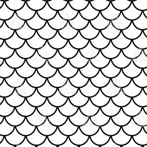 May include: Black and white seamless pattern of overlapping curved shapes resembling fish scales.