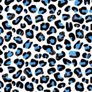Può includere: Uno schema senza cuciture con uno sfondo bianco e macchie di leopardo nere e blu chiaro.