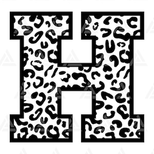 May include: Black and white leopard print letter H with a thick black outline.
