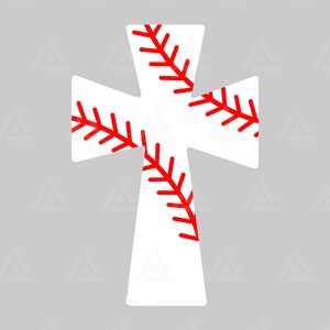 May include: A white cross with red baseball stitching.