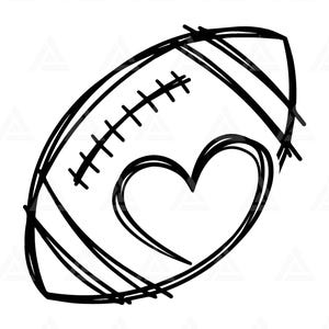 May include: Black and white line drawing of a football with a heart shape in the center. The football has visible stitching and lines, and the heart is a simple outline. The image is on a white background.