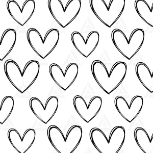 Peut inclure: Un motif sans couture de cœurs noirs dessinés à la main sur un fond blanc.