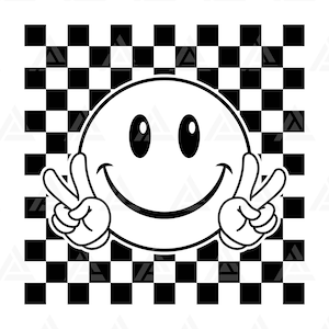 Cara Feliz Svg, Signo de la Paz Svg, Cara Feliz a cuadros Clipart, Cara Feliz Retro PNG. Cortar Archivo Cricut, Silueta, Png Pdf, Vector.