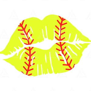 May include: A pair of lips shaped like a softball with red stitching. The lips are yellow with a white outline.