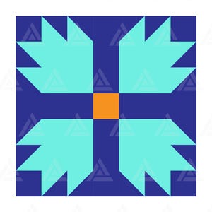May include: Abstract geometric design. A dark blue square background with four light blue floral shapes around a central orange square. The design has a modern, abstract aesthetic.