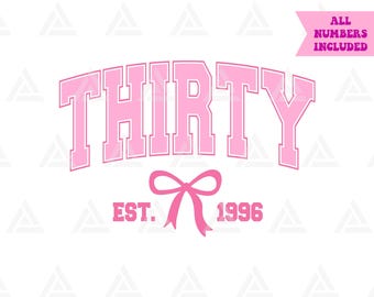 Thirty Est. 1996 Svg, Pink Coquette Bow Png, 30th Birthday Party Clipart, Thirtieth Birthday Print. Cut File Cricut, Png Pdf Vector.