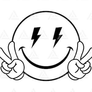 Happy Face Svg, Signe de paix Svg, Happy Face Lightning Bolt Eyes Clipart, Retro Happy Face PNG. Couper le fichier Cricut, Silhouette, Png Pdf, Vecteur.