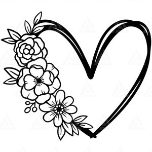 Floral Heart Svg, Flower Heart Svg, Hand Drawn Heart, Doodle Heart ...