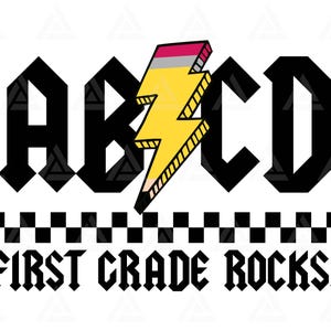 ABCD Professor Svg, Primeira Série Rocks Png, Lápis Relâmpago, Primeiro dia de aula, Volta às aulas, Camiseta de professor. Arquivo de corte Cricut, Vetor.