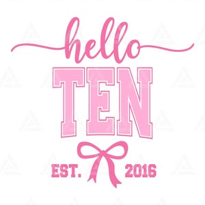 Hello Ten Est. 2016 Svg, Pink Coquette Bow Png, 10th Birthday Party Clipart, Tenth Birthday Print. Cut File Cricut, Png Pdf Vector.