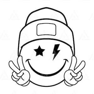 Happy Face Beanie Svg, Signo de la paz, Retro Happy Face PNG, Star Lightning Bolt Eyes, Happy Face Clipart. Cortar archivo Cricut, silueta, vector.
