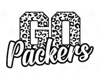 May include: Black and white graphic design with a leopard print pattern that says "GO PACKERS".