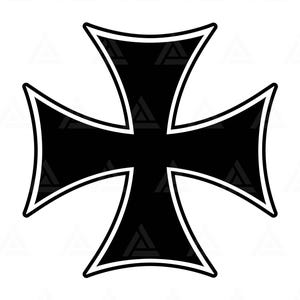 Könnte beinhalten: Ein schwarzes Eisenkreuz mit weißem Umriss. Das Kreuz ist ein traditionelles Symbol des Glaubens und wird oft in religiöser Kunst und Architektur verwendet.
