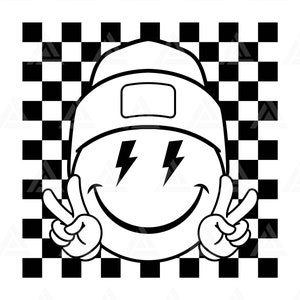 Bonnet à carreaux visage heureux Svg, signe de la paix Svg, yeux en forme d'éclair, clipart PNG rétro visage heureux. Couper le fichier Cricut, silhouette, vecteur.
