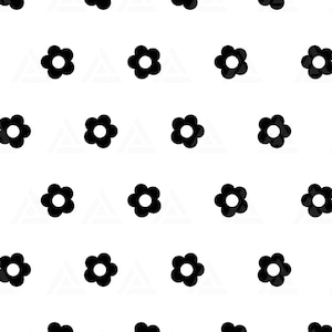 May include: A seamless pattern of black flower shapes on a white background.