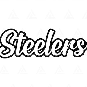May include: Black and white graphic design of the word "Steelers" in a bold, cursive font.