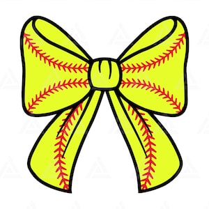 Op de afbeelding: Een gele softball strik met rode stiksels. De strik is in een knoop geknoopt en heeft aan elke kant een grote lus.