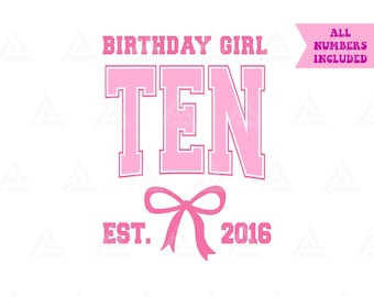 Diez Est. 2016 Svg, Niña de cumpleaños con lazo rosa coqueto Png, Imágenes prediseñadas para fiesta de décimo cumpleaños, Impresión de décimo cumpleaños. Archivo de corte Cricut, Png Pdf Vector.