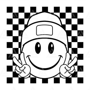 Kariertes glückliches Gesicht Mütze SVG, Peace Zeichen, glückliches Gesicht Clipart, Retro glückliches Gesicht PNG. Schnittdatei Cricut, Silhouette, Png, Pdf, Vektor.