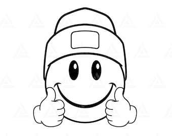 Happy Face Beanie Svg, Thumbs Up Svg, Happy Face Clipart, Retro Happy Face PNG, Good Vibes. Cut File Cricut, Silhouette, Png Pdf, Vector.