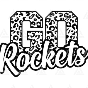 May include: Black and white graphic design with the words "GO" in a leopard print font and "Rockets" in a bold, cursive font.