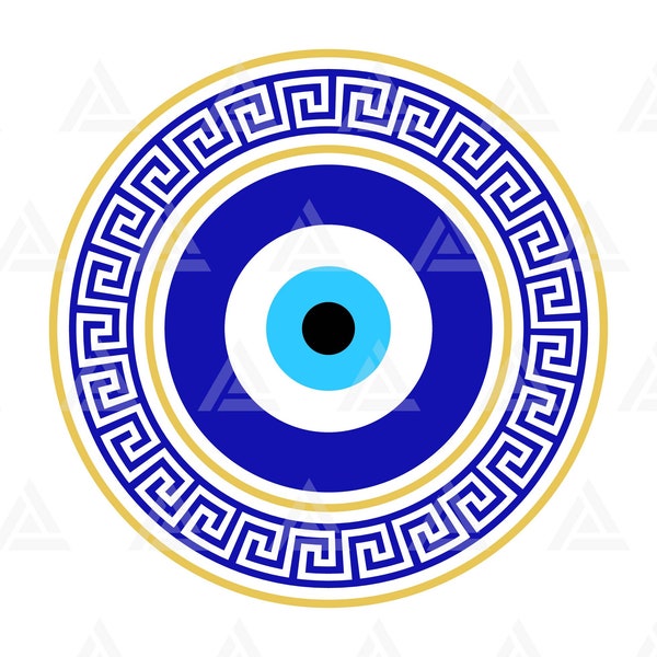 Turkish Evil Eye Svg, Circle Greek Key Frame Svg, Greek Evil Eye, Boho Evil Eye Amulet, Greek Wave Border. Cut File Cricut, Png Pdf Eps.