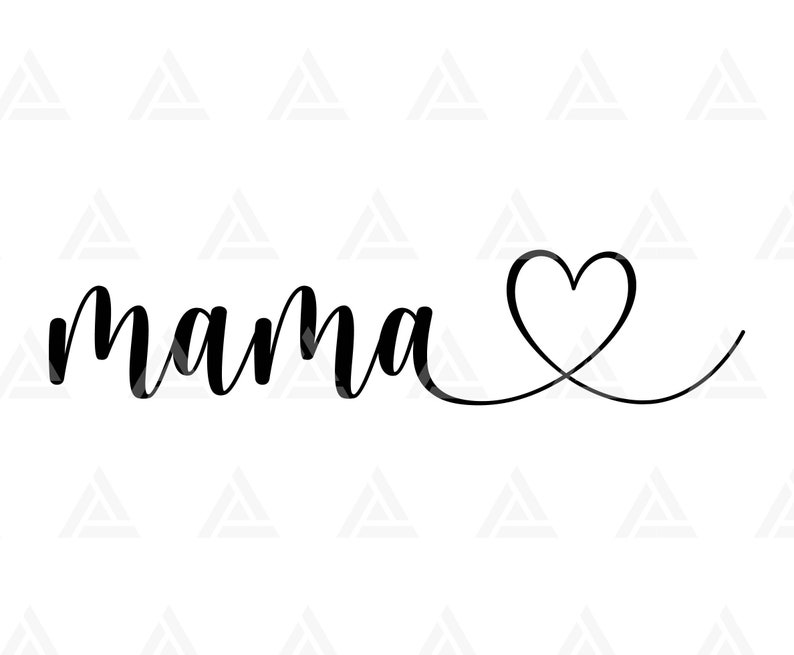 Puede incluir: Dise&ntilde;o de caligraf&iacute;a en blanco y negro de la palabra "mama" con un coraz&oacute;n dibujado al final de la palabra.
