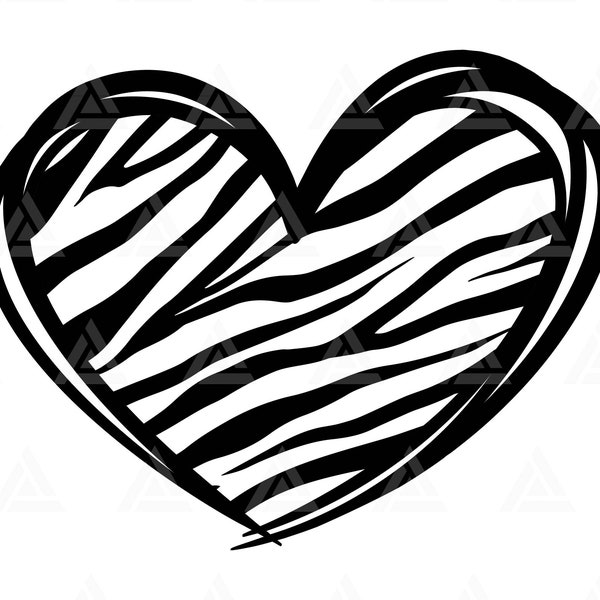 Zebra Hand Drawn Heart Svg, Zebra Stripes Svg, Animal Skin Print Pattern. Cut File Cricut, Silhouette, Png Pdf Eps, Vector, Stencil, Vinyl.