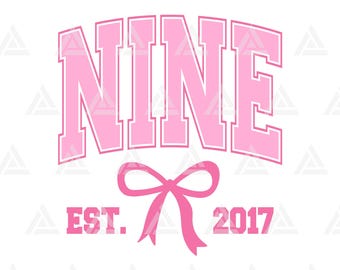 Nueve Est. 2017 Svg, Lazo rosa coqueto Png, Imágenes prediseñadas para fiesta de noveno cumpleaños, Impresión de noveno cumpleaños. Archivo de corte Cricut, Png Pdf Vector.