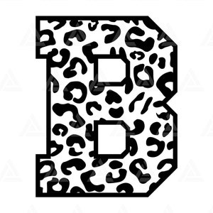 May include: Black and white letter B with a leopard print pattern. The letter is in a bold, blocky font style.