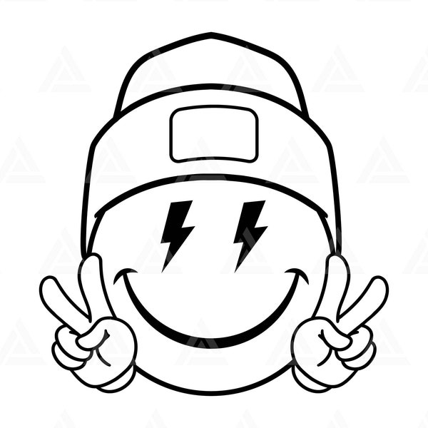 Happy Face Beanie Svg, Peace Sign Svg, Lightning Bolt Eyes, Happy Face Clipart, Retro Happy Face PNG. Cut File Cricut, Silhouette, Vector.