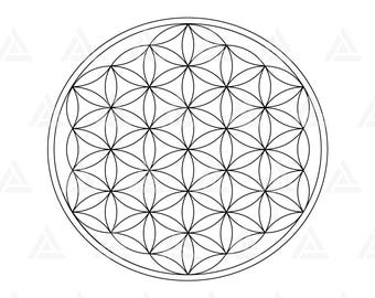 May include: A black and white geometric design known as the Flower of Life. The design is a circle with multiple overlapping circles creating a pattern of flower-like shapes.