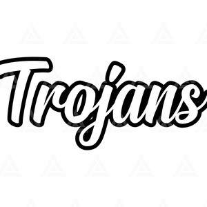 May include: Black and white graphic design of the word "Trojans" in a bold, stylized font.