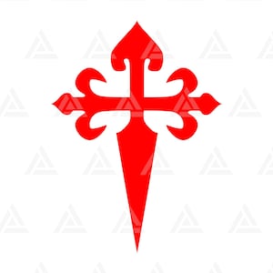 Könnte beinhalten: Ein leuchtend rotes Kreuz mit einem markanten Design, das ausgestellte Arme und eine spitze Basis aufweist. Das Kreuz ist vor einem sauberen weißen Hintergrund platziert, was einen kräftigen Kontrast erzeugt. Das Design ist einfach, aber auffällig.