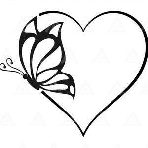 May include: A monochrome graphic of a butterfly and a heart. The butterfly, rendered in black, is positioned on the left, partially within the heart's outline. The design is clean and minimalist, suitable for various applications.